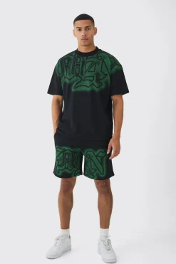 boohooMAN Oversized Extended Neck Gothic Man Graffiti Spray T-shirt And Shorts Set | UK| Shorts|Sets & Co-Ords