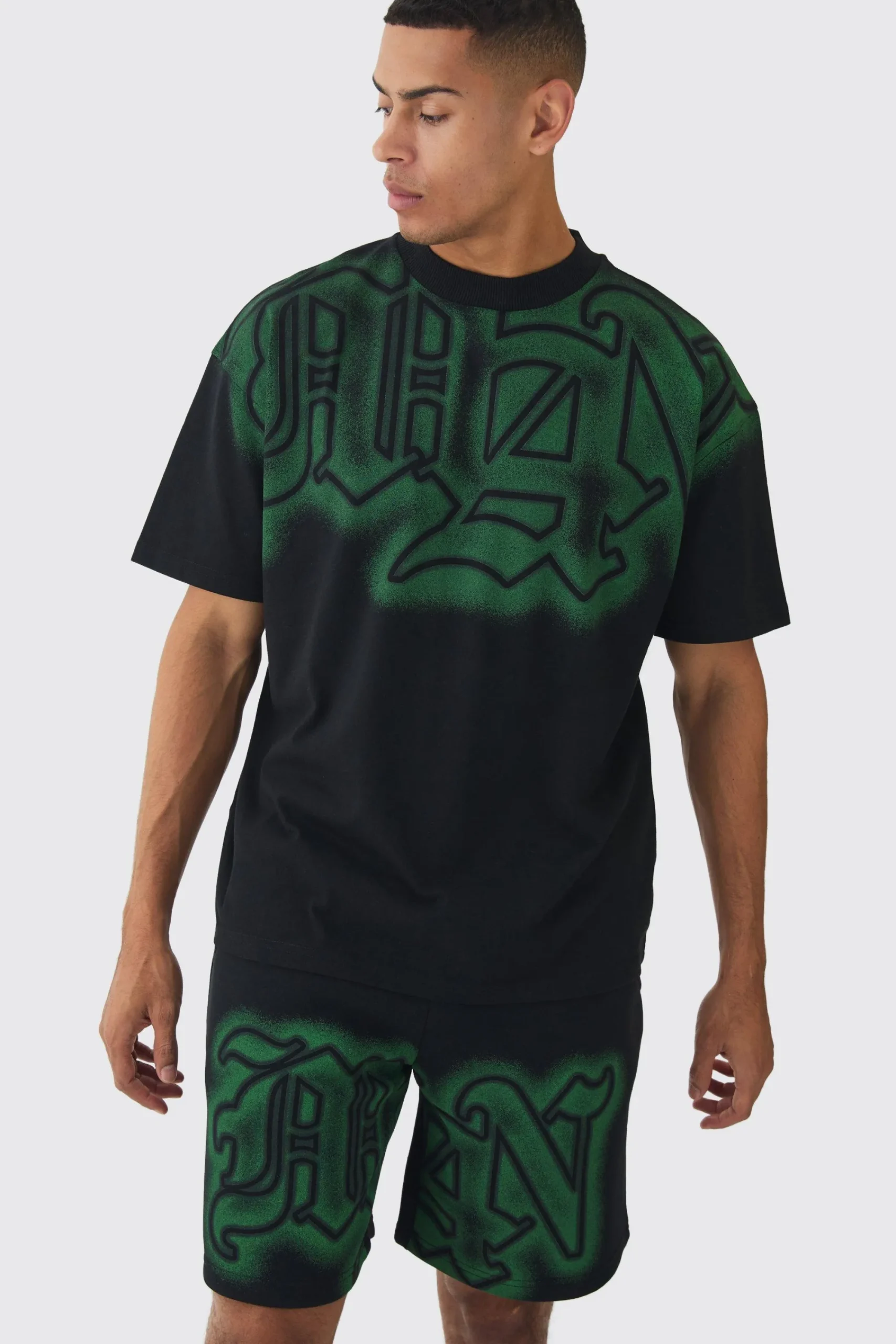 boohooMAN Oversized Extended Neck Gothic Man Graffiti Spray T-shirt And Shorts Set | UK| Shorts|Sets & Co-Ords