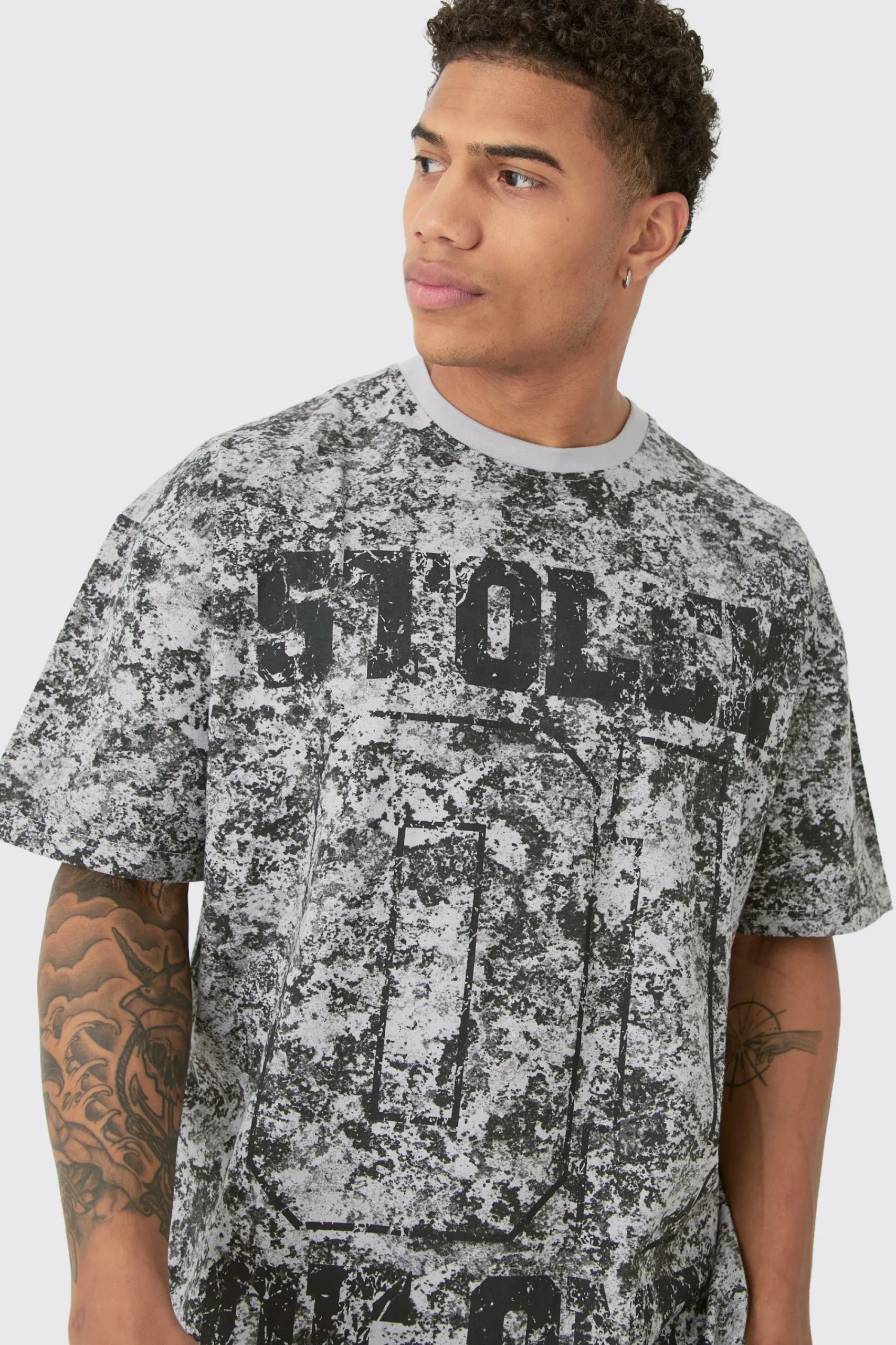 Oversized Extended Neck Homme Abstract Printed T-shirt | UK^boohooMAN Hot