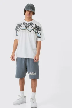 boohooMAN Oversized Extended Neck Homme Graffiti Large Graphic Shorts Set | UK| Tracksuits