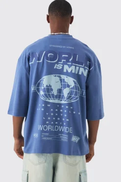 Oversized Extended Neck Heavy Interlock World Back Print T-shirt | UK^boohooMAN Sale
