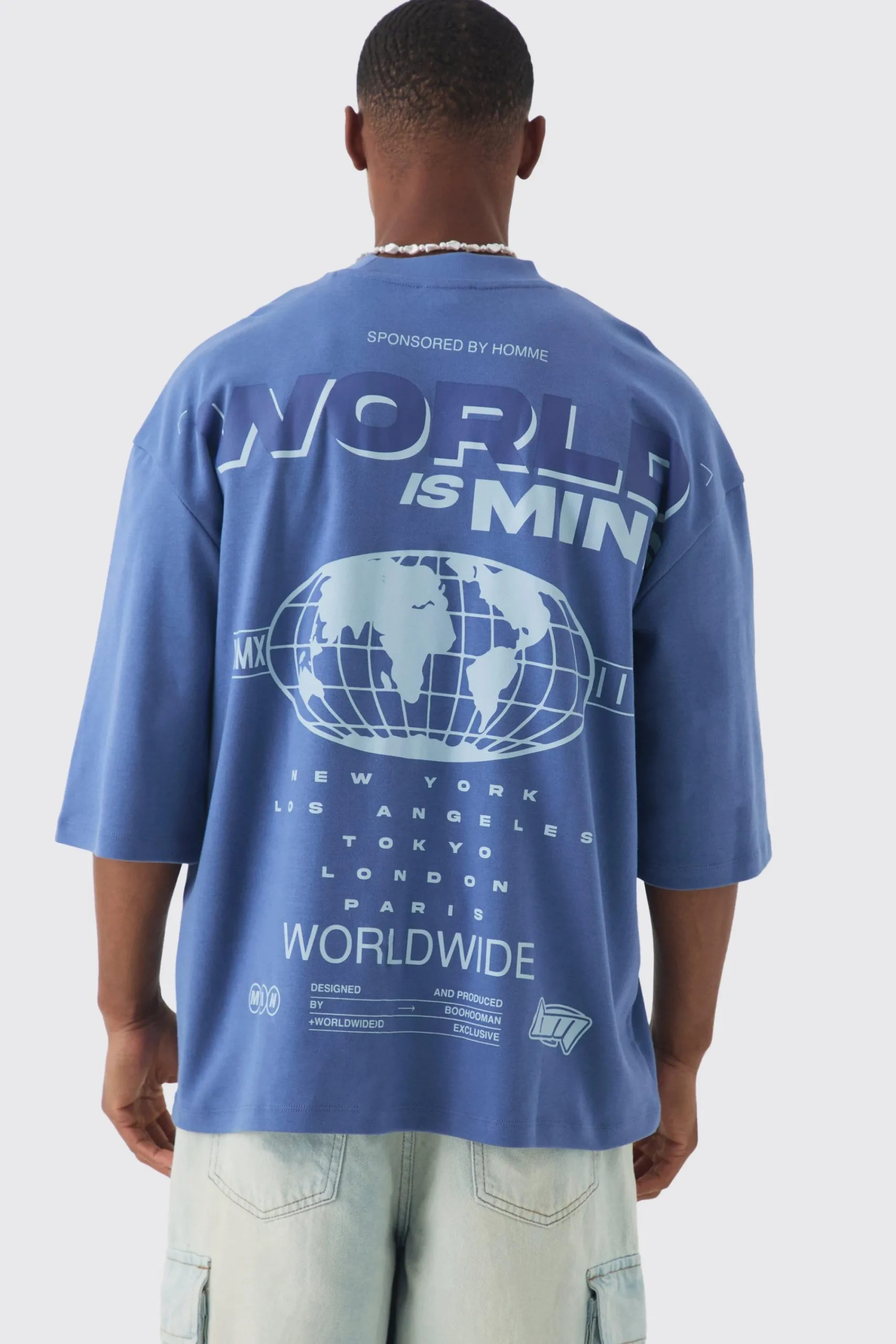 Oversized Extended Neck Heavy Interlock World Back Print T-shirt | UK^boohooMAN Sale