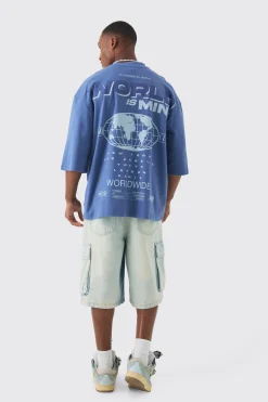 Oversized Extended Neck Heavy Interlock World Back Print T-shirt | UK^boohooMAN Sale