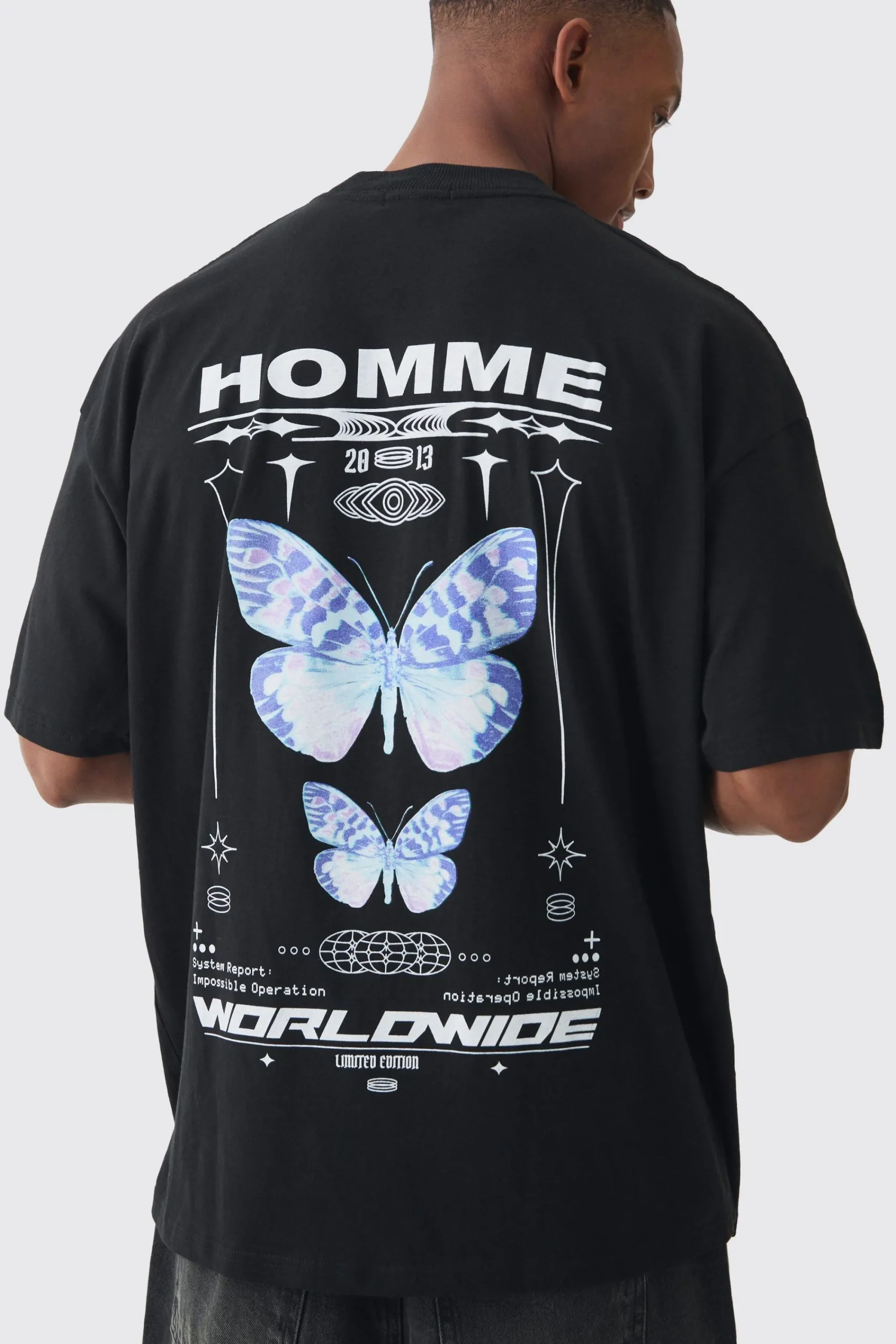 Oversized Extended Neck Homme Butterfly Print T-shirt | UK^boohooMAN New