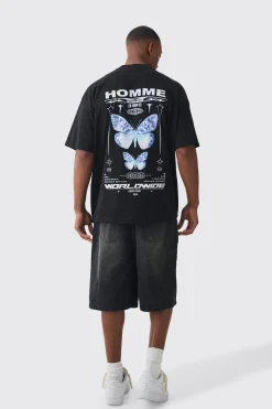 Oversized Extended Neck Homme Butterfly Print T-shirt | UK^boohooMAN New