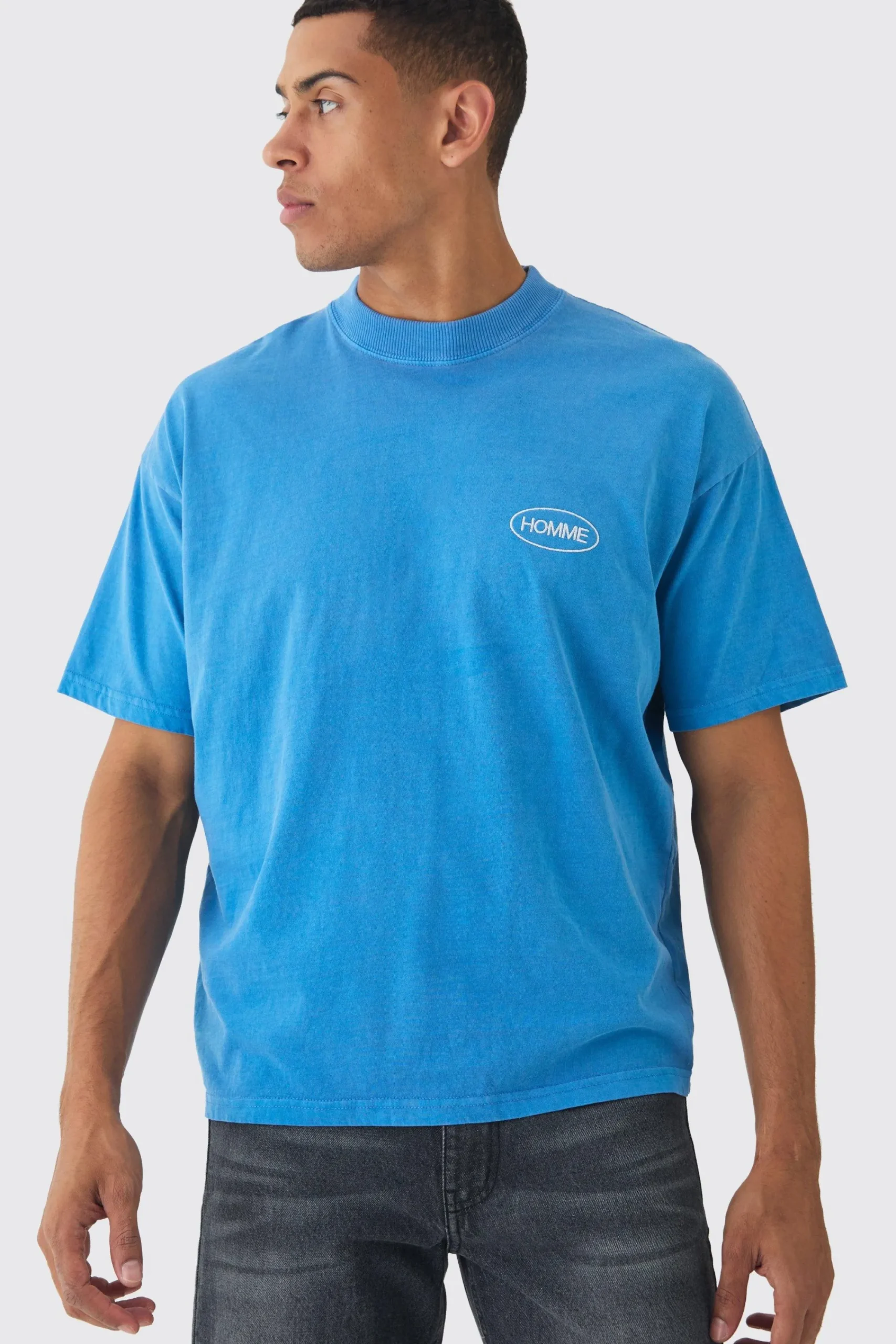 Oversized Extended Neck Homme Chest Embroidered T-Shirt | UK^boohooMAN New