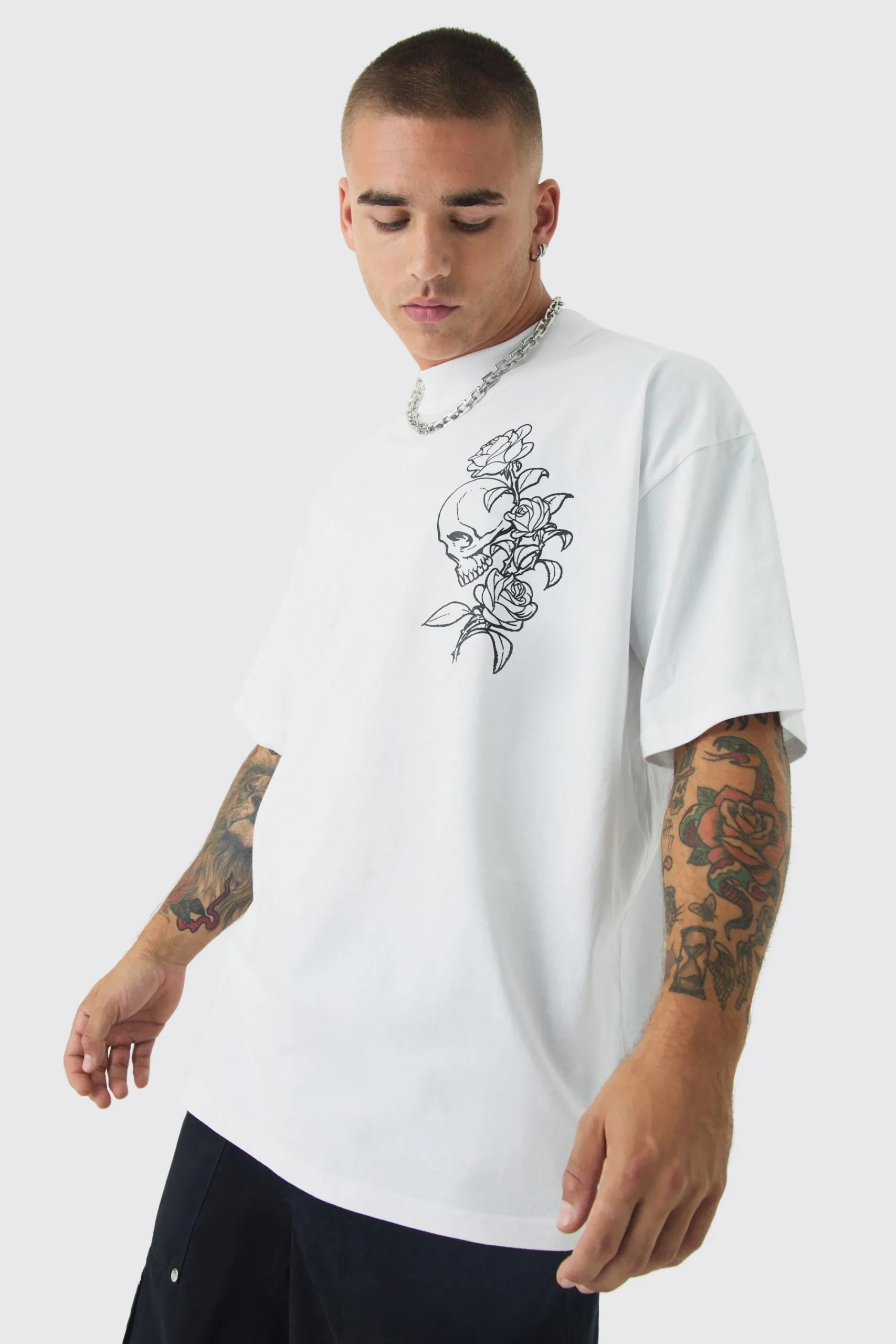 Oversized Extended Neck Heavy Line Drawing Print T-Shirt | UK^boohooMAN Hot
