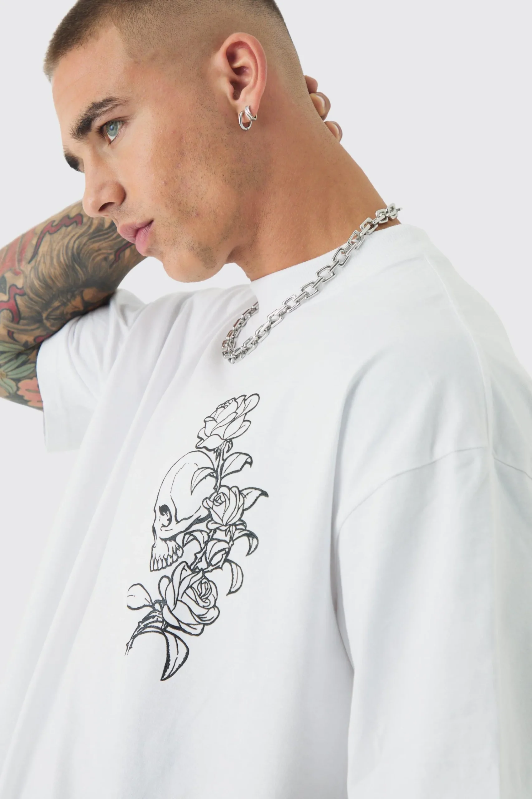 Oversized Extended Neck Heavy Line Drawing Print T-Shirt | UK^boohooMAN Hot