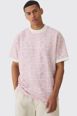 Oversized Extended Neck Jacquard Aztec Contrast Hems T-shirt | UK^boohooMAN Outlet
