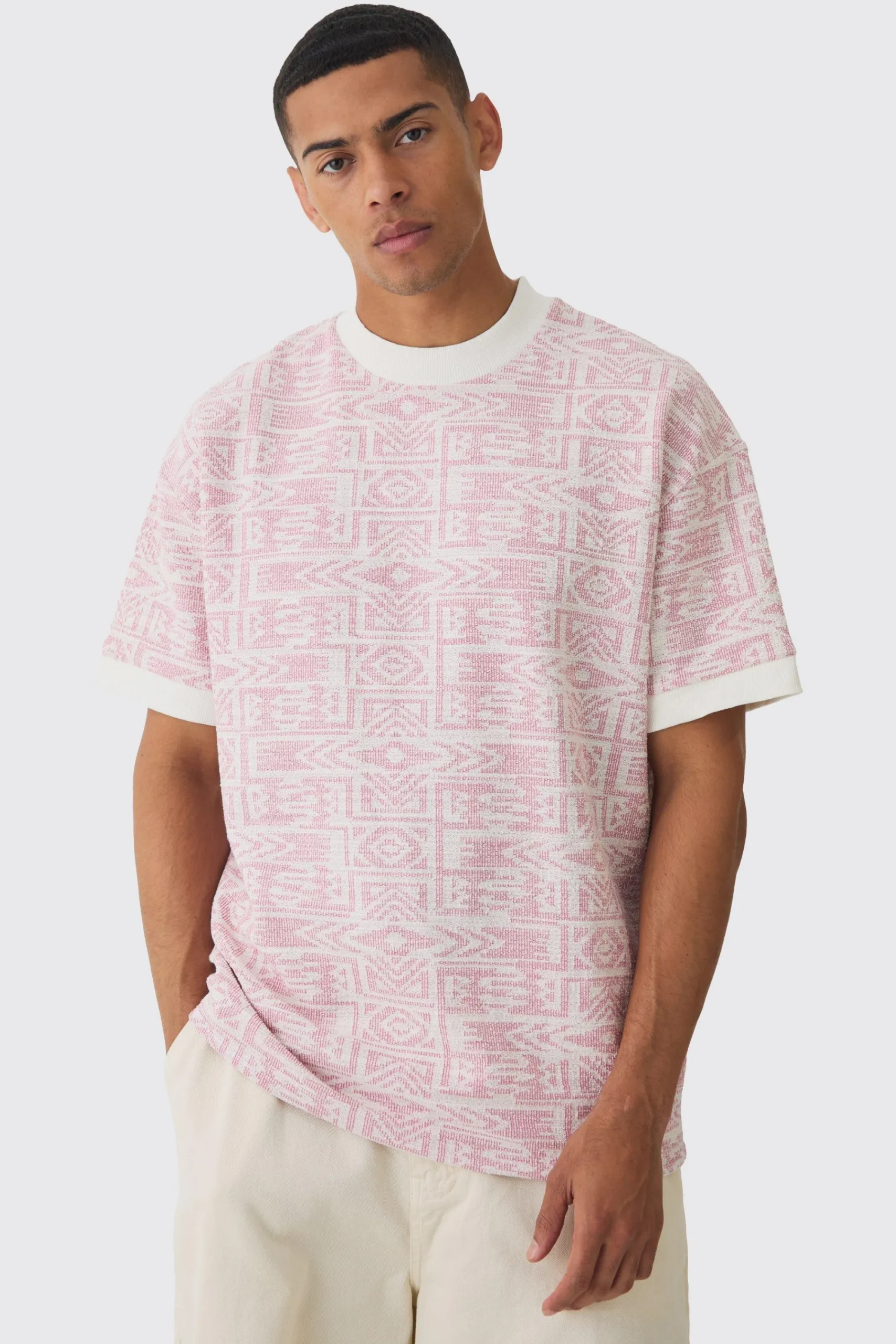 Oversized Extended Neck Jacquard Aztec Contrast Hems T-shirt | UK^boohooMAN Outlet