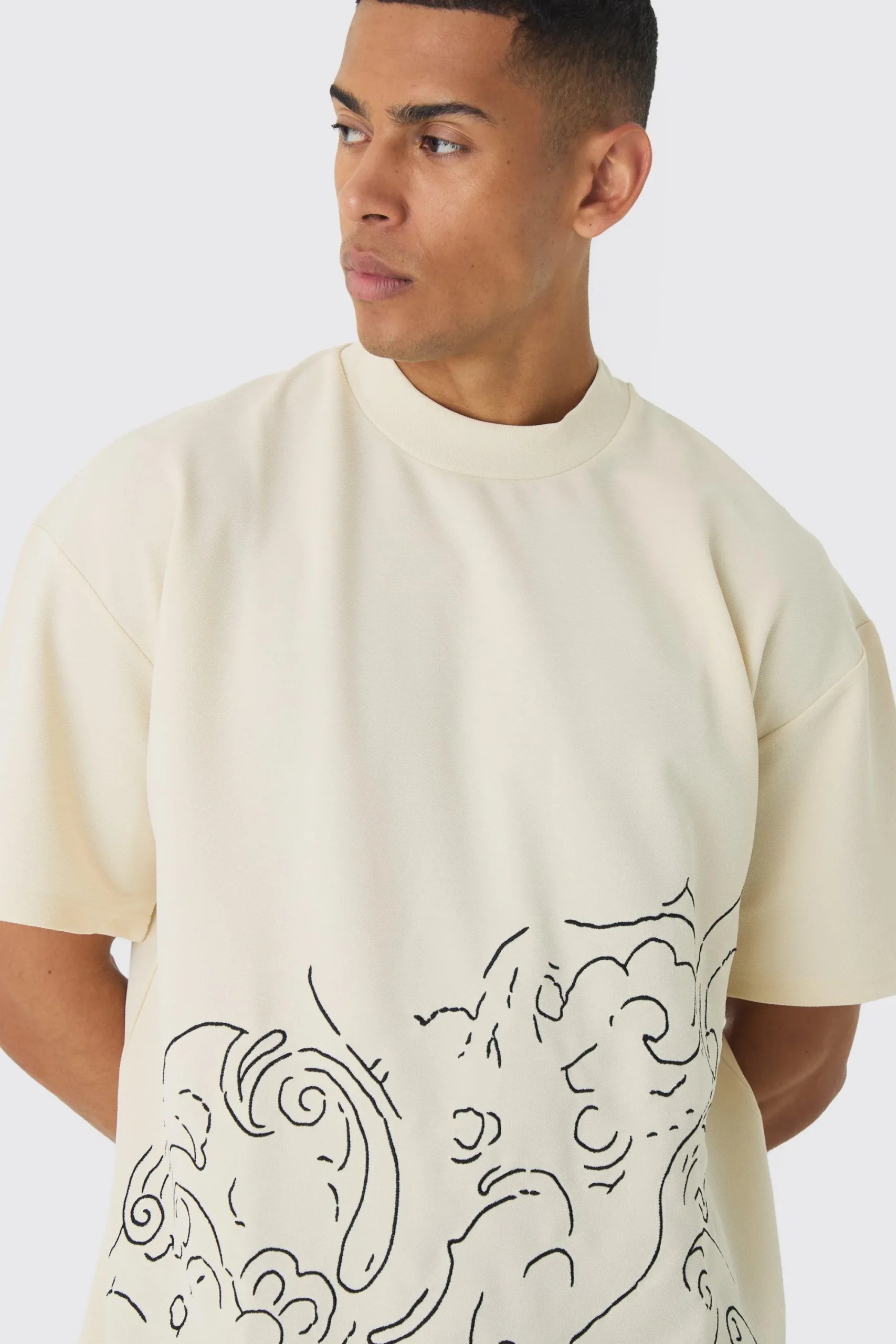 Oversized Extended Neck Jersey Twill Abstract Embroidery T-shirt | UK^boohooMAN Hot