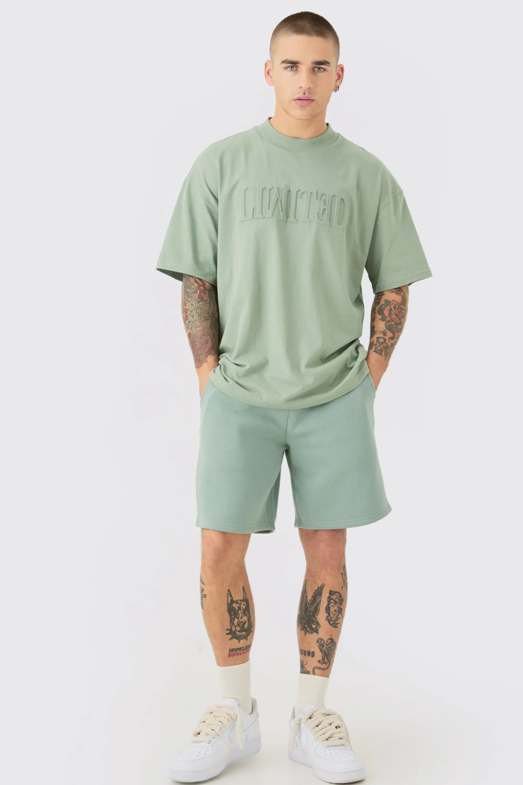 boohooMAN Oversized Extended Neck Limited Embossed T-shirt And Relaxed Short Set | UK| Sets & Co-Ords|Tracksuits