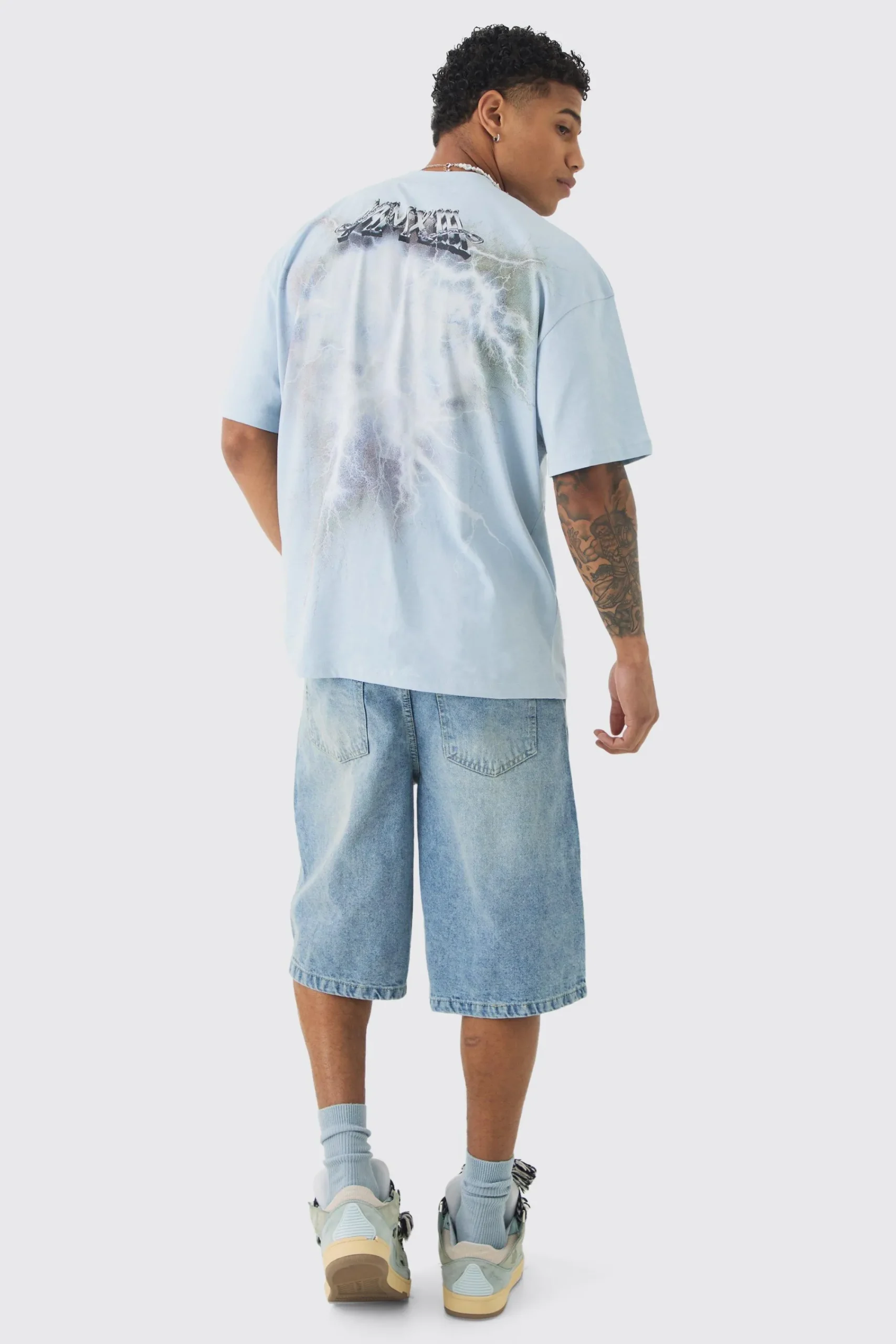 Oversized Extended Neck Lightening Graphic T-shirt | UK^boohooMAN New