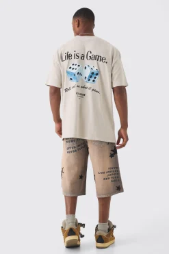 Oversized Extended Neck Life Is A Game Washed Slogan T-shirt | UK^boohooMAN Online