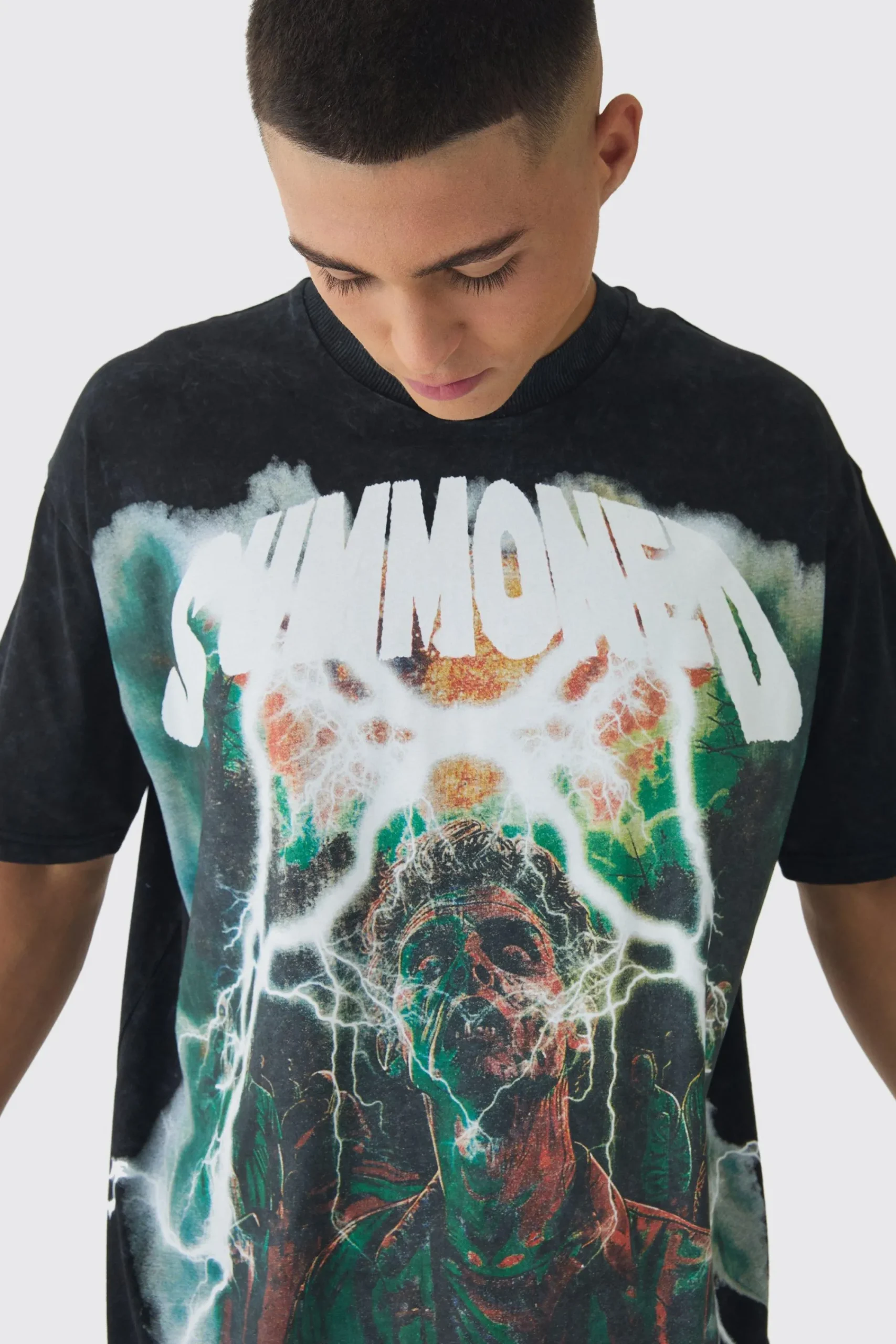 Oversized Extended Neck Large Scale Summoned Print Acid Wash T-Shirt | UK^boohooMAN Outlet