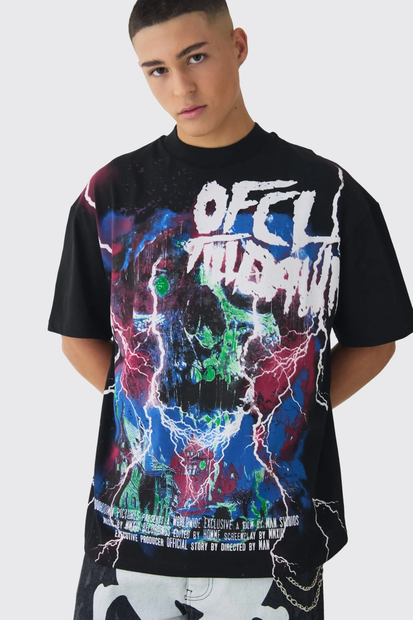 Oversized Extended Neck Large Scale Till Dawn Print T-Shirt | UK^boohooMAN Online