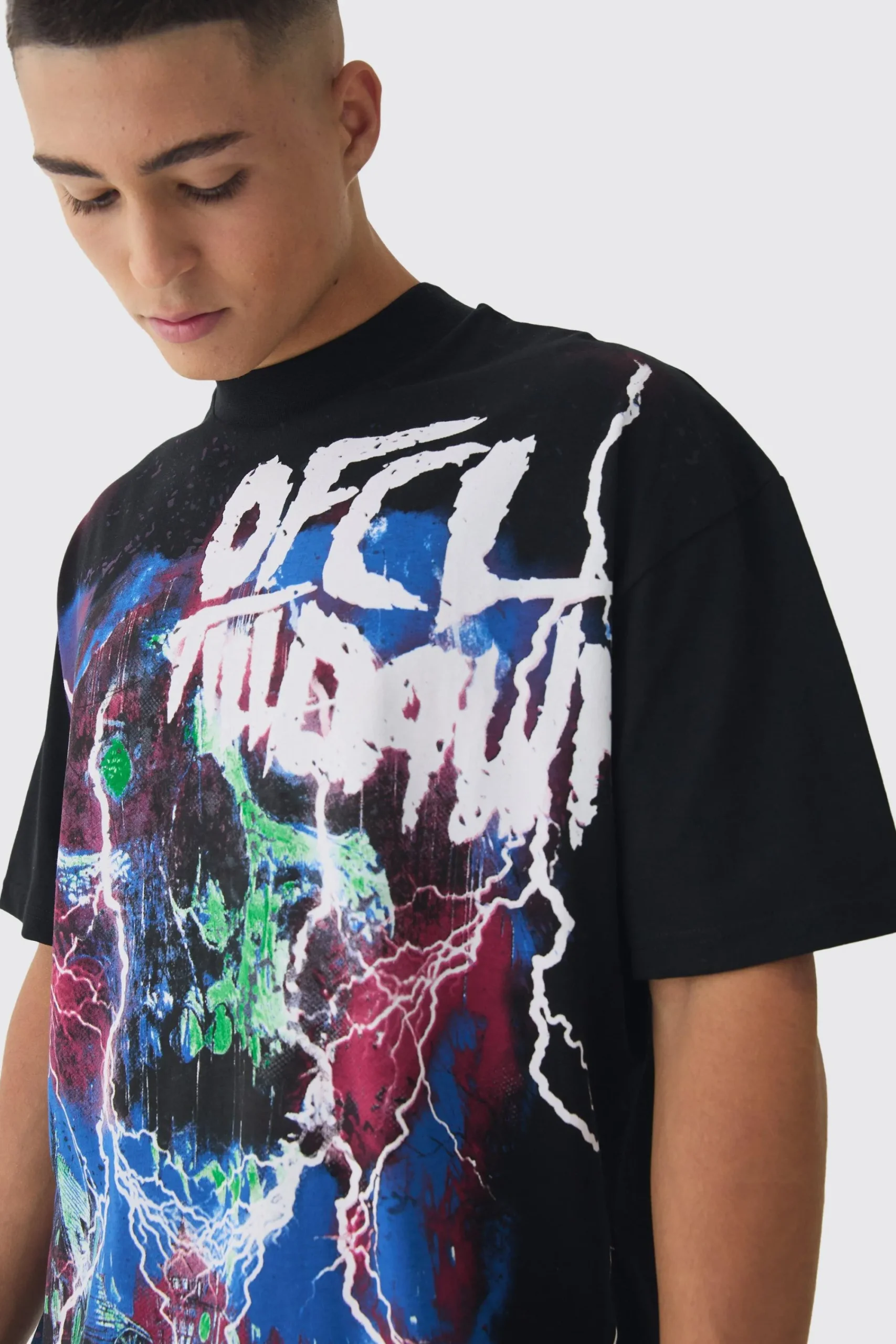 Oversized Extended Neck Large Scale Till Dawn Print T-Shirt | UK^boohooMAN Online