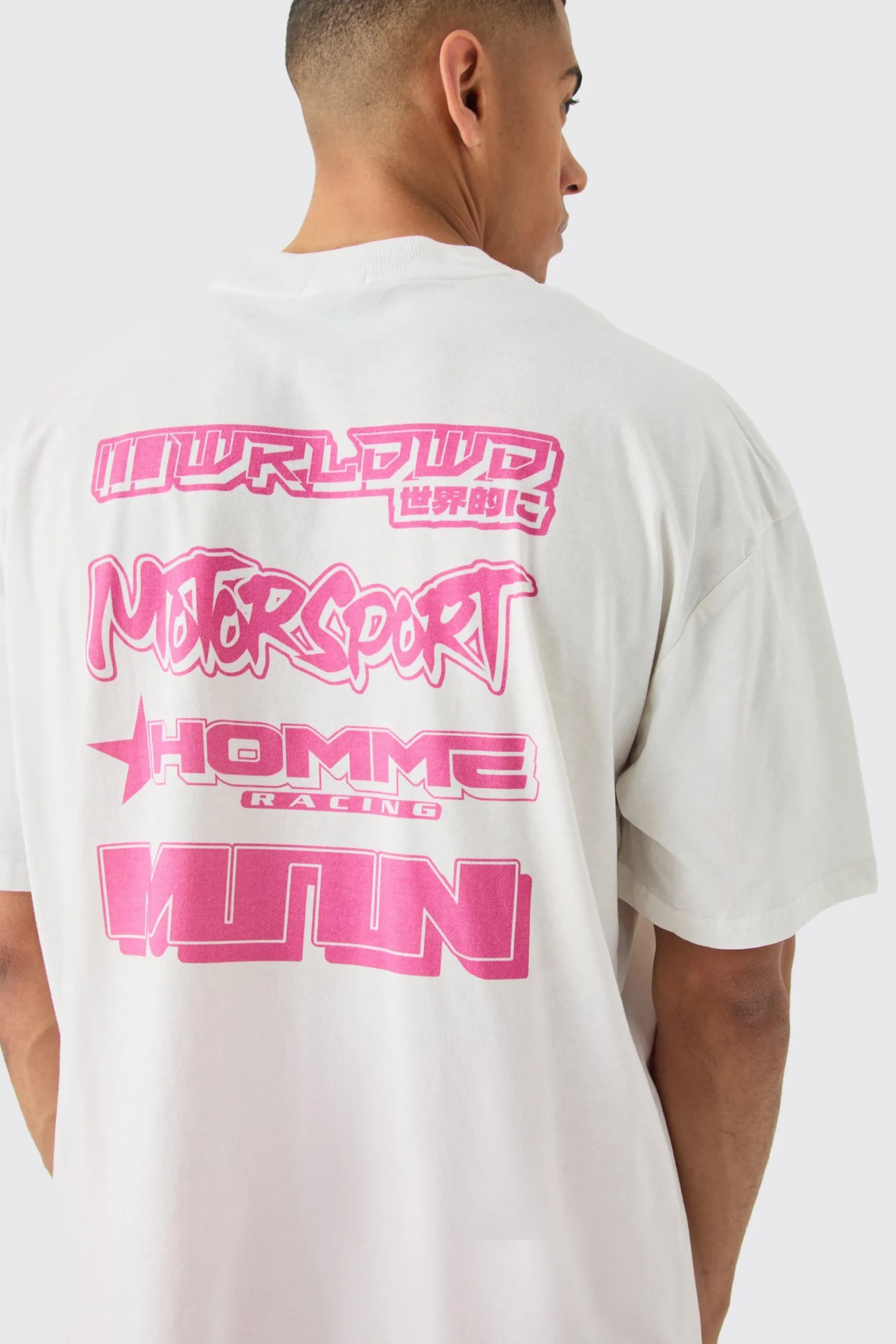 Oversized Extended Neck Moto Graphic T-shirt | UK^boohooMAN Outlet