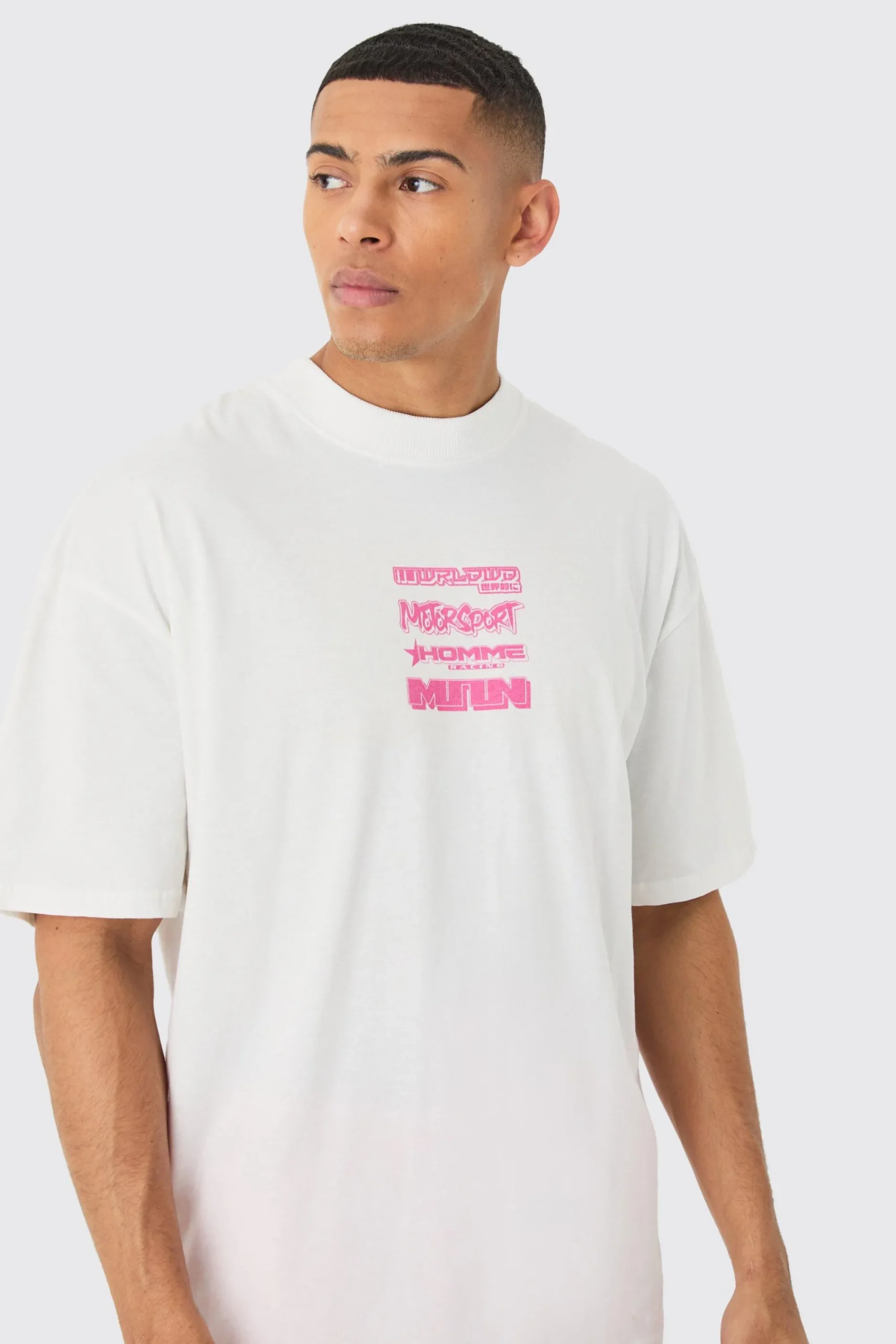 Oversized Extended Neck Moto Graphic T-shirt | UK^boohooMAN Outlet