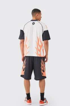 boohooMAN Oversized Extended Neck Mesh Flame T-shirt & Jorts Set | UK| Shorts|Sets & Co-Ords