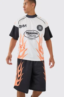 boohooMAN Oversized Extended Neck Mesh Flame T-shirt & Jorts Set | UK| Shorts|Sets & Co-Ords