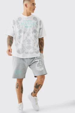 boohooMAN Oversized Extended Neck Moon Large Graphic Shorts Set | UK| Sets & Co-Ords|Tracksuits