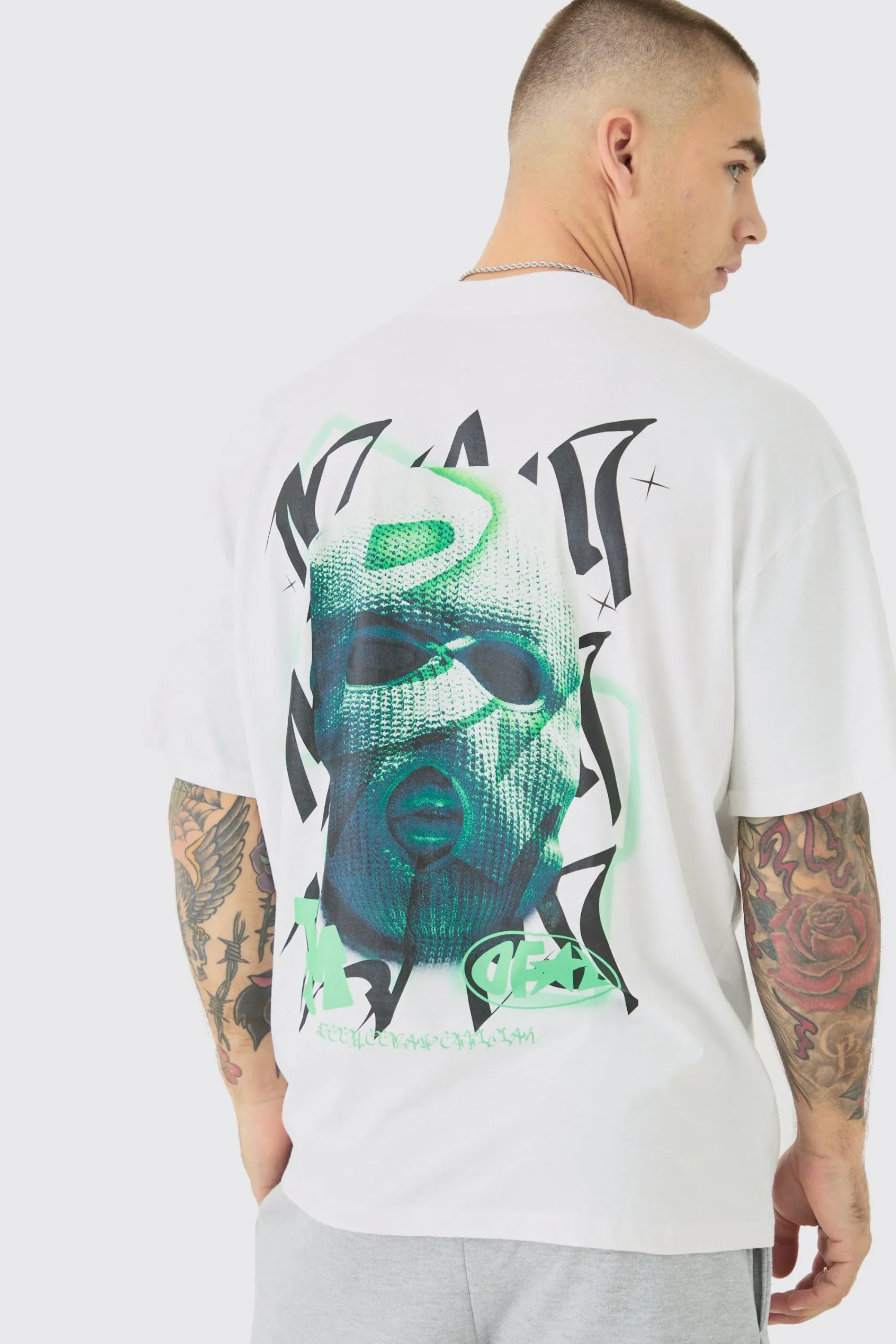 Oversized Extended Neck Mask Graphic Back Print T-shirt | UK^boohooMAN Clearance