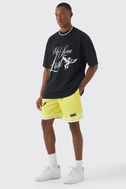 boohooMAN Oversized Extended Neck No Love T-shirt & Mesh Short Set | UK| Sets & Co-Ords|Tracksuits