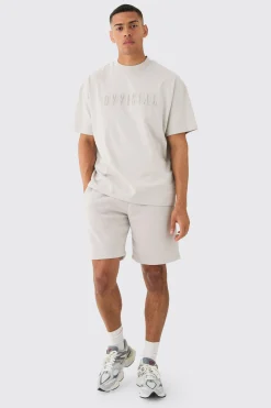 boohooMAN Oversized Extended Neck Official Embossed T-shirt & Short Set | UK| Sets & Co-Ords|Tracksuits