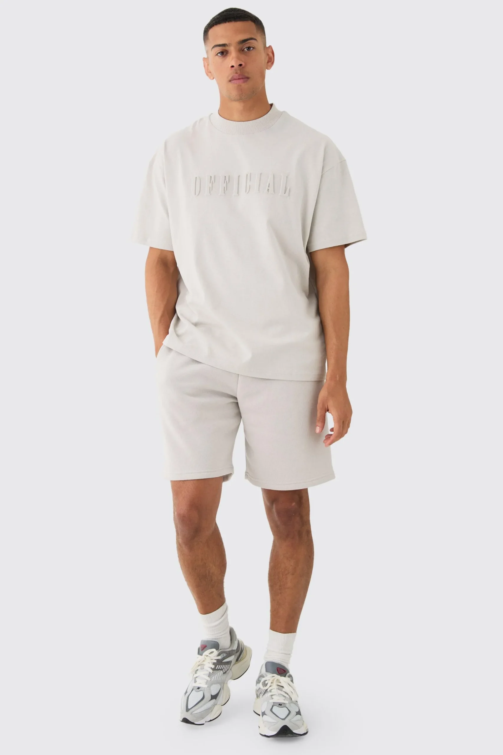 boohooMAN Oversized Extended Neck Official Embossed T-shirt & Short Set | UK| Sets & Co-Ords|Tracksuits