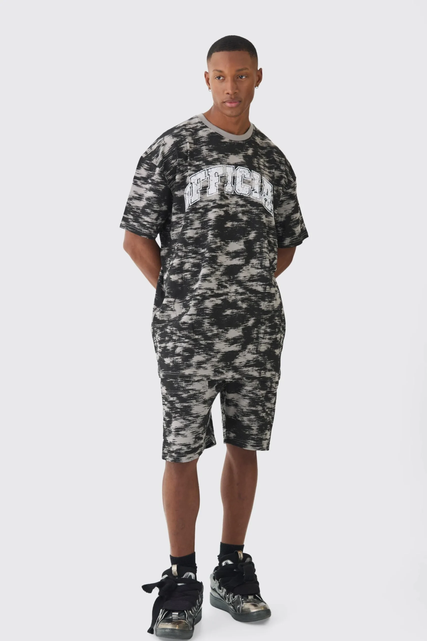 boohooMAN Oversized Extended Neck OFCL Concrete Print T-shirt & Short Set | UK| Sets & Co-Ords|Tracksuits