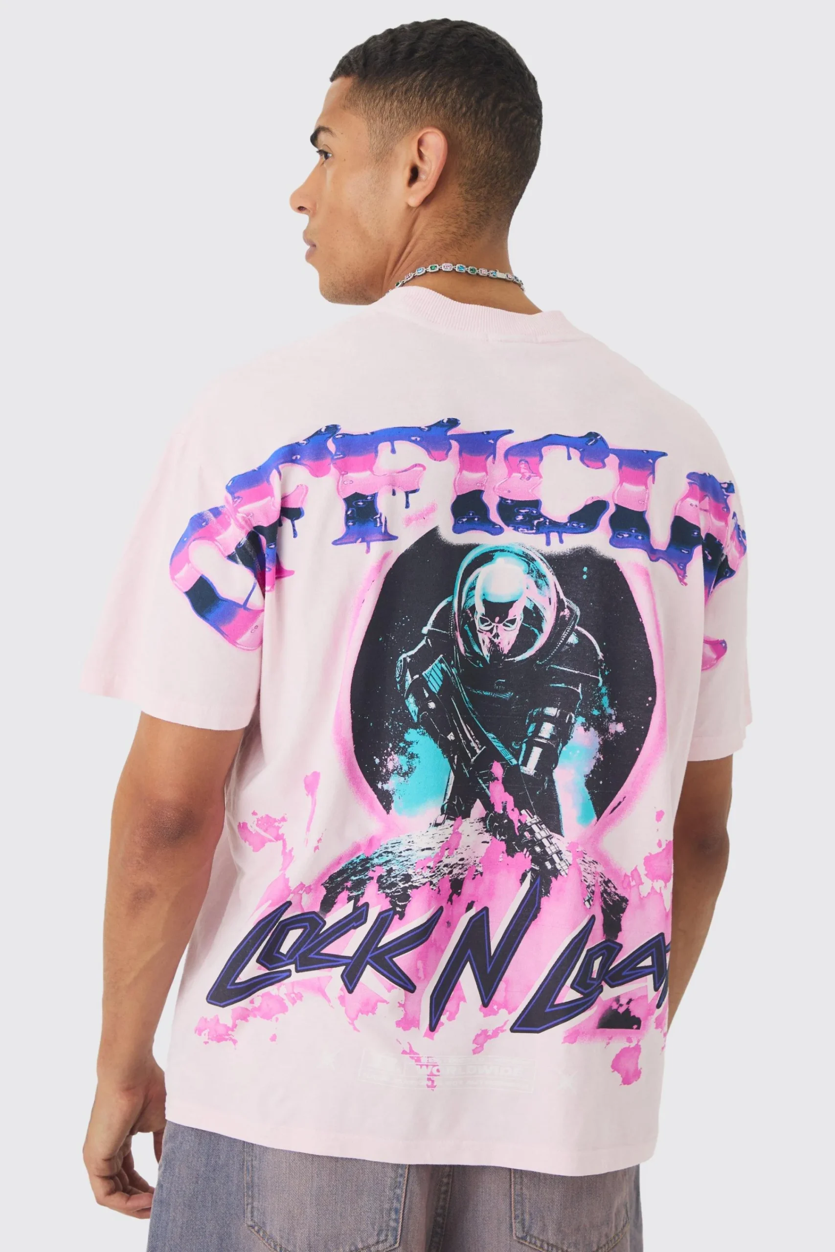 Oversized Extended Neck Over The Seam Wash Space Back Print T-shirt | UK^boohooMAN Online