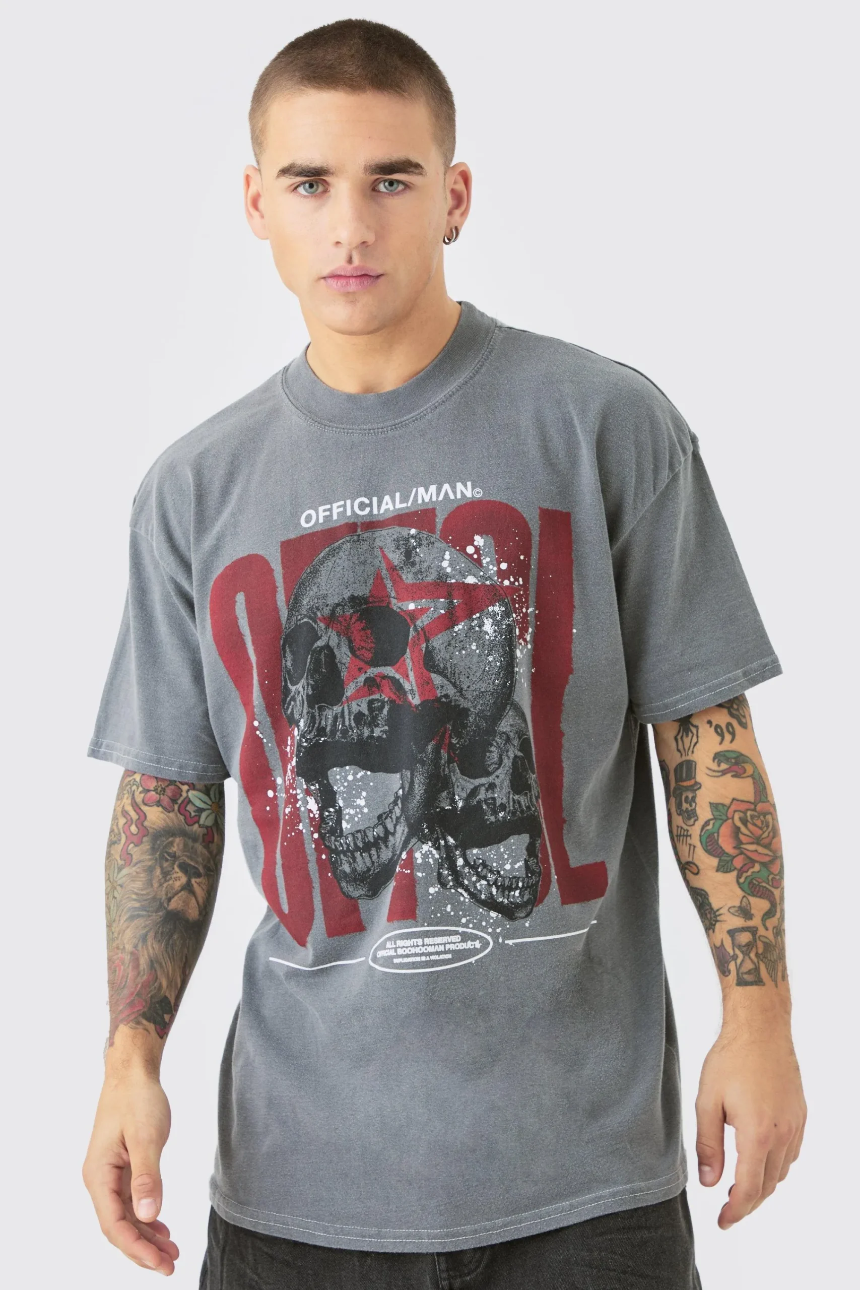 Oversized Extended Neck OFCL Skull Wash T-shirt | UK^boohooMAN Discount