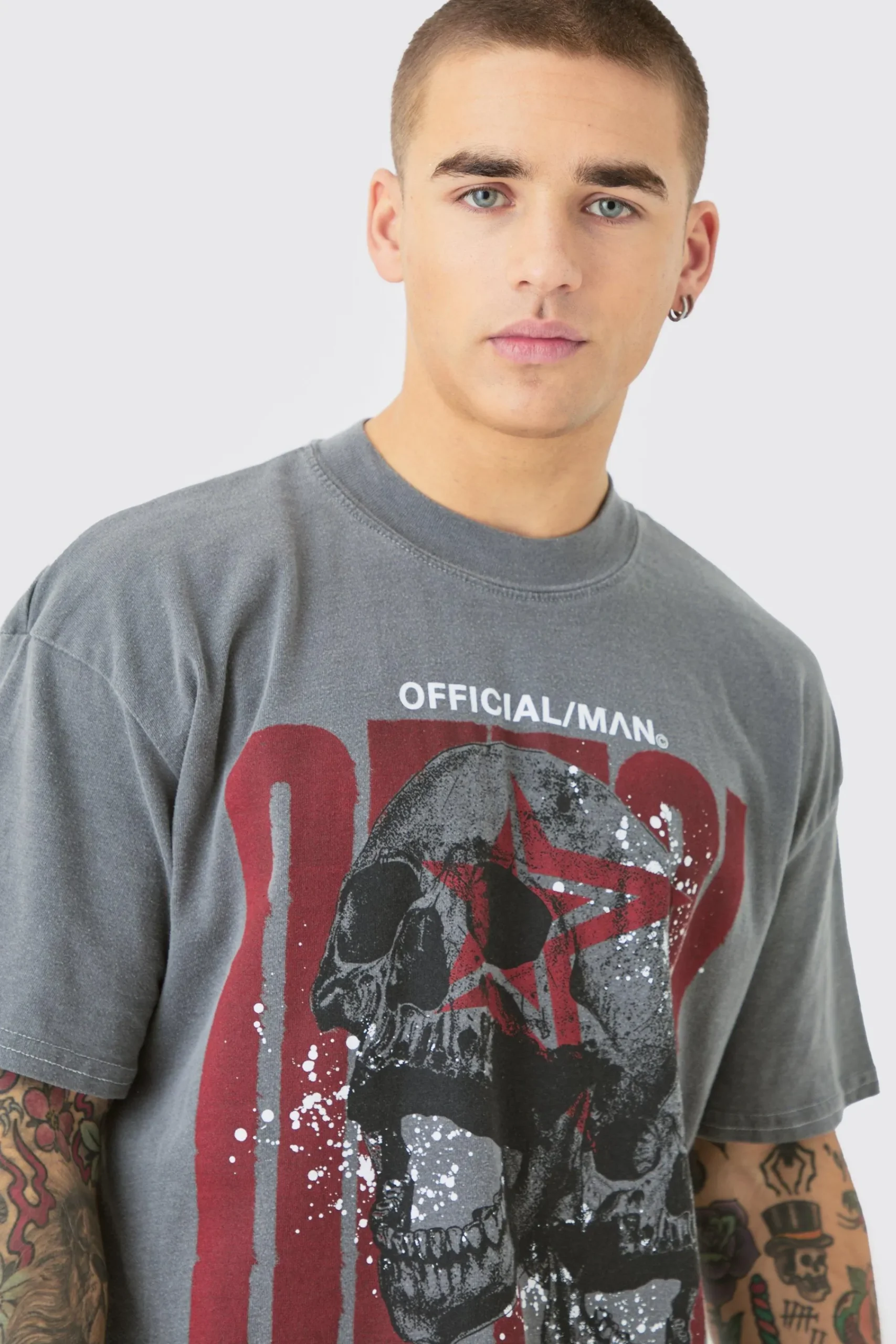 Oversized Extended Neck OFCL Skull Wash T-shirt | UK^boohooMAN Discount