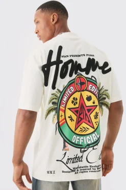 Oversized Extended Neck Printed Homme Embroidered T-shirt | UK^boohooMAN Online