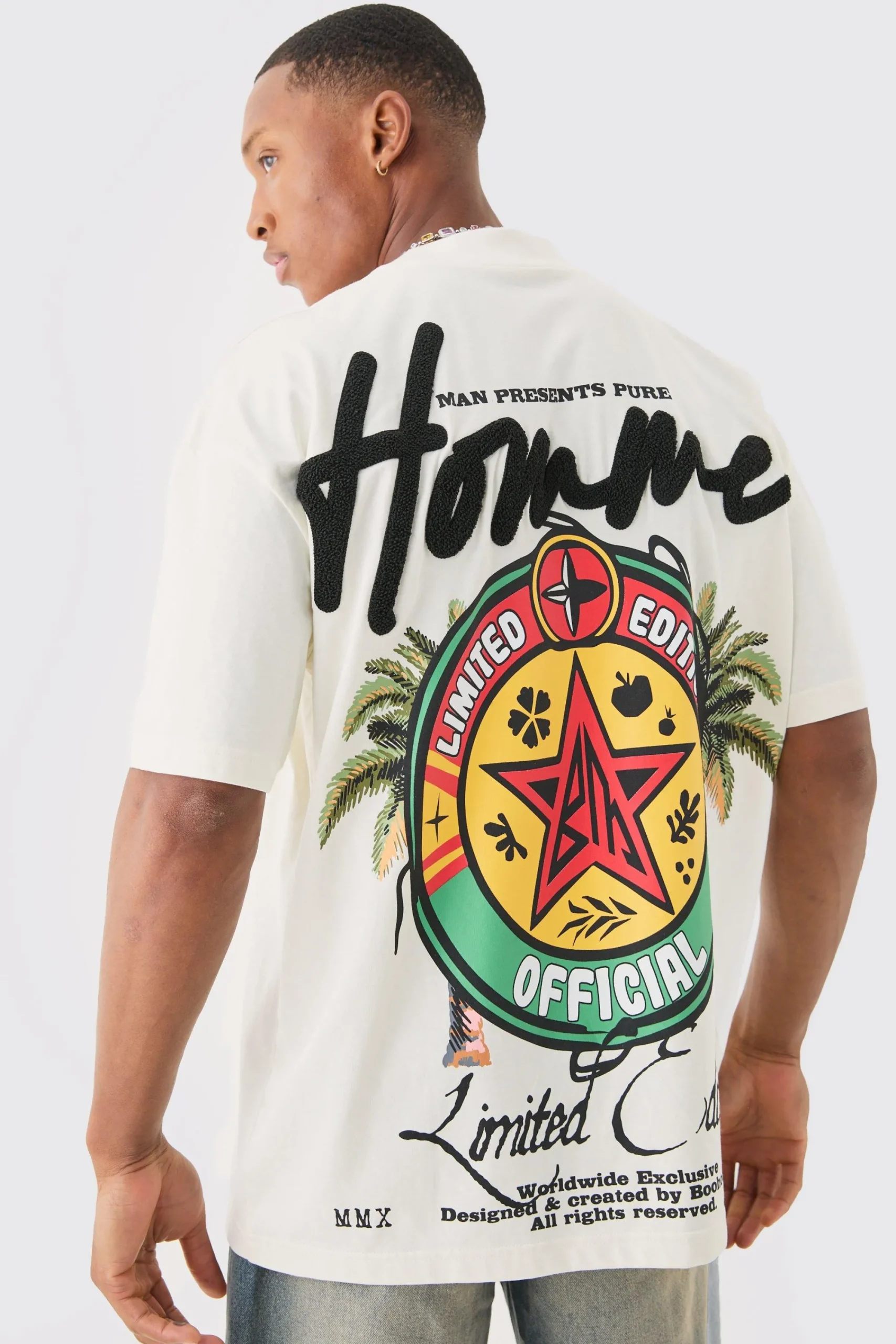 Oversized Extended Neck Printed Homme Embroidered T-shirt | UK^boohooMAN Online