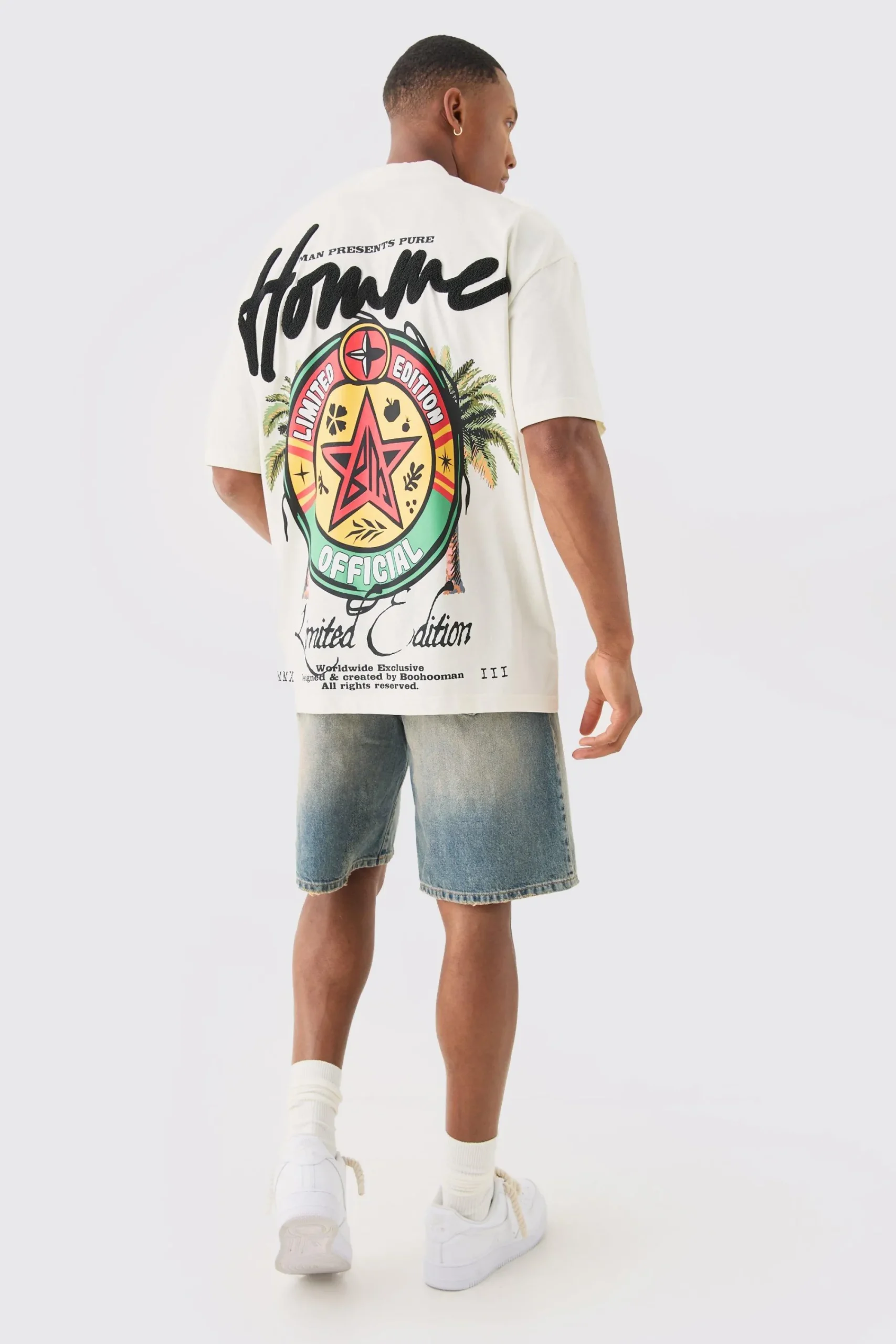 Oversized Extended Neck Printed Homme Embroidered T-shirt | UK^boohooMAN Online