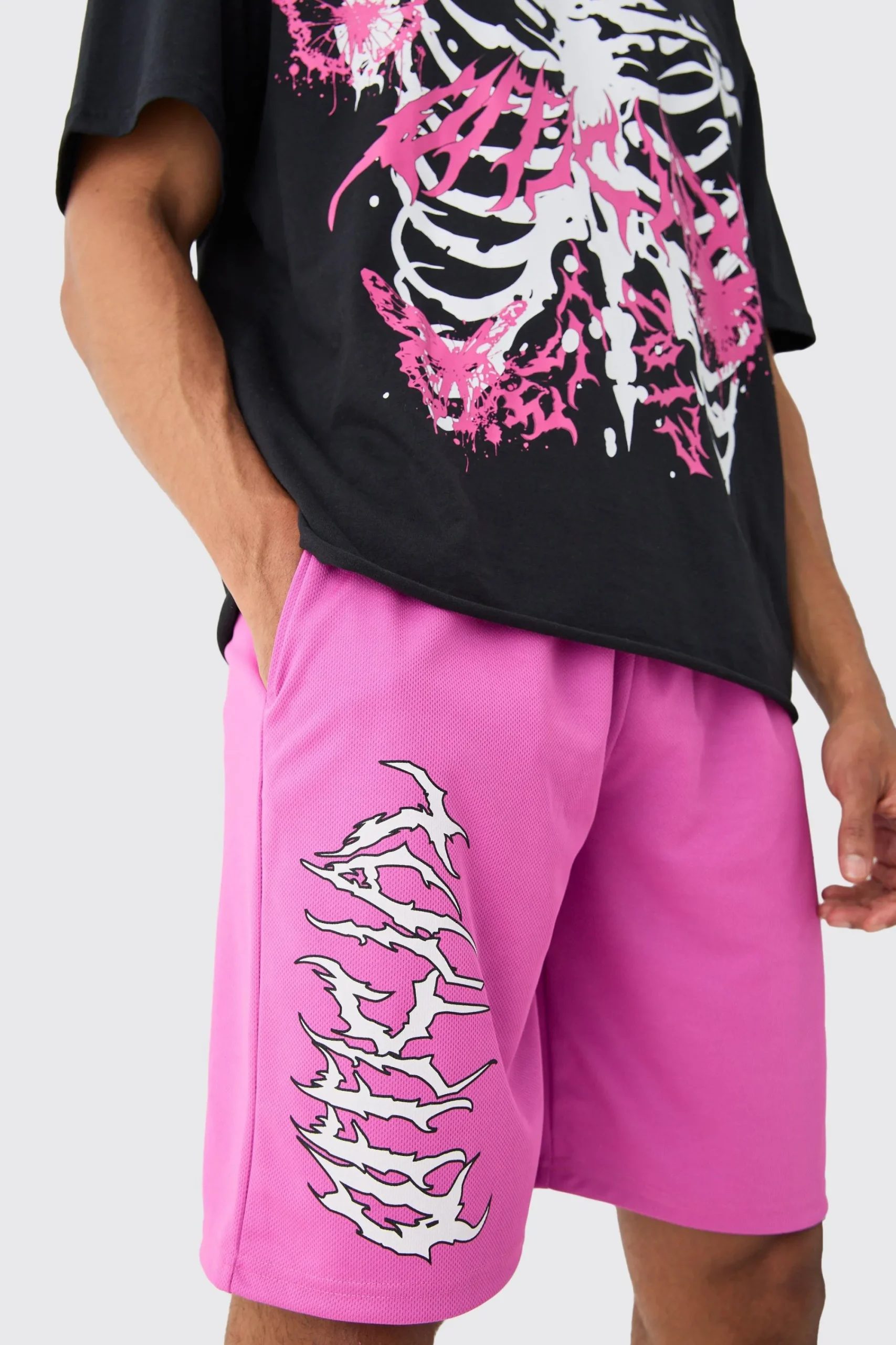 boohooMAN Oversized Extended Neck Raw Hem Skeleton T-shirt And Mesh Shorts Set | UK| Sets & Co-Ords|Tracksuits