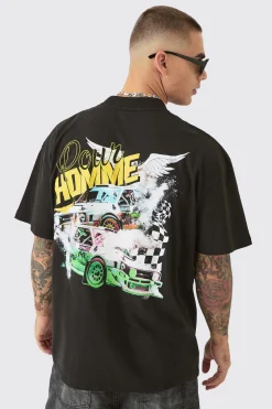 Oversized Extended Neck Race Car Graphic Back Print T-shirt | UK^boohooMAN Sale