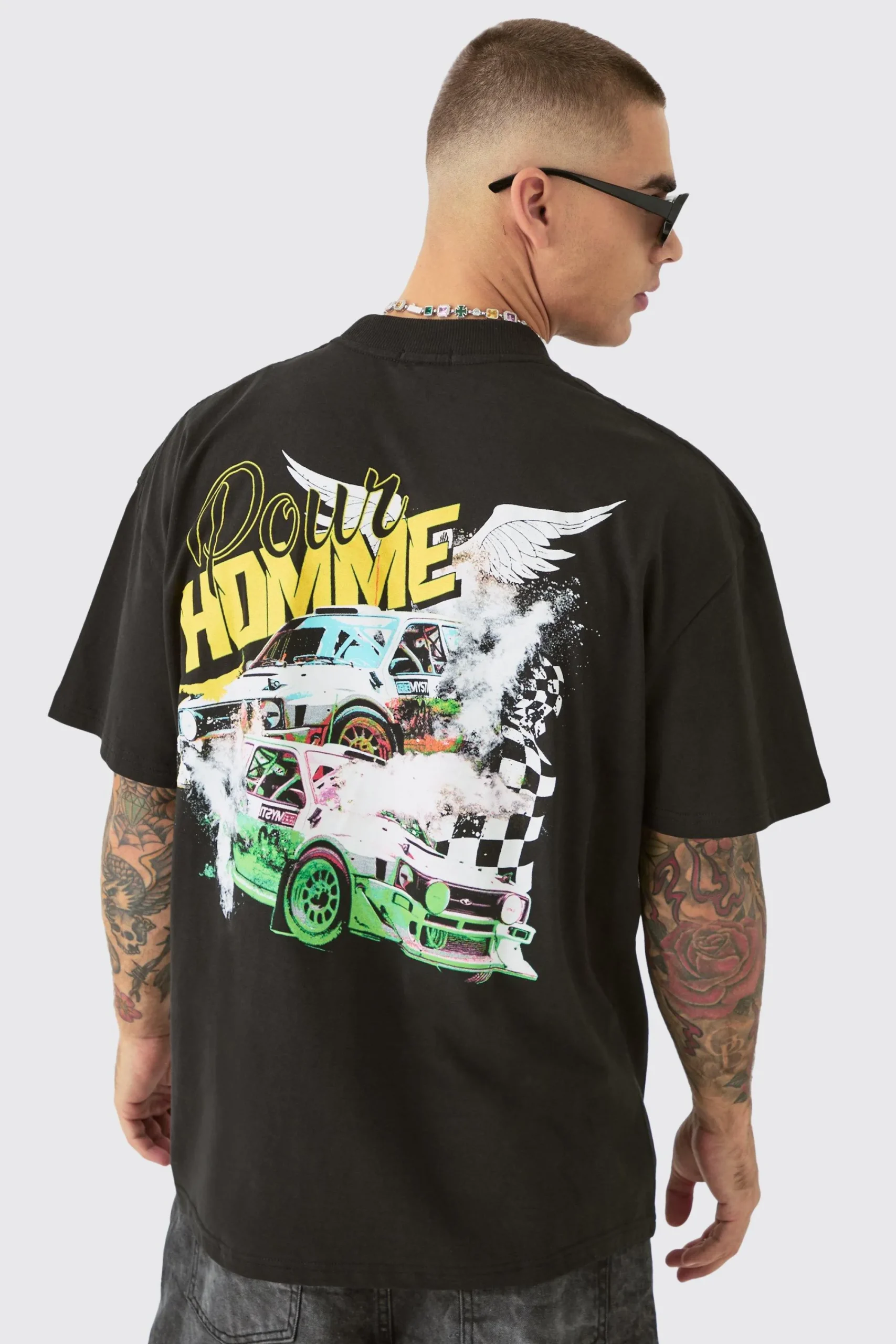 Oversized Extended Neck Race Car Graphic Back Print T-shirt | UK^boohooMAN Sale