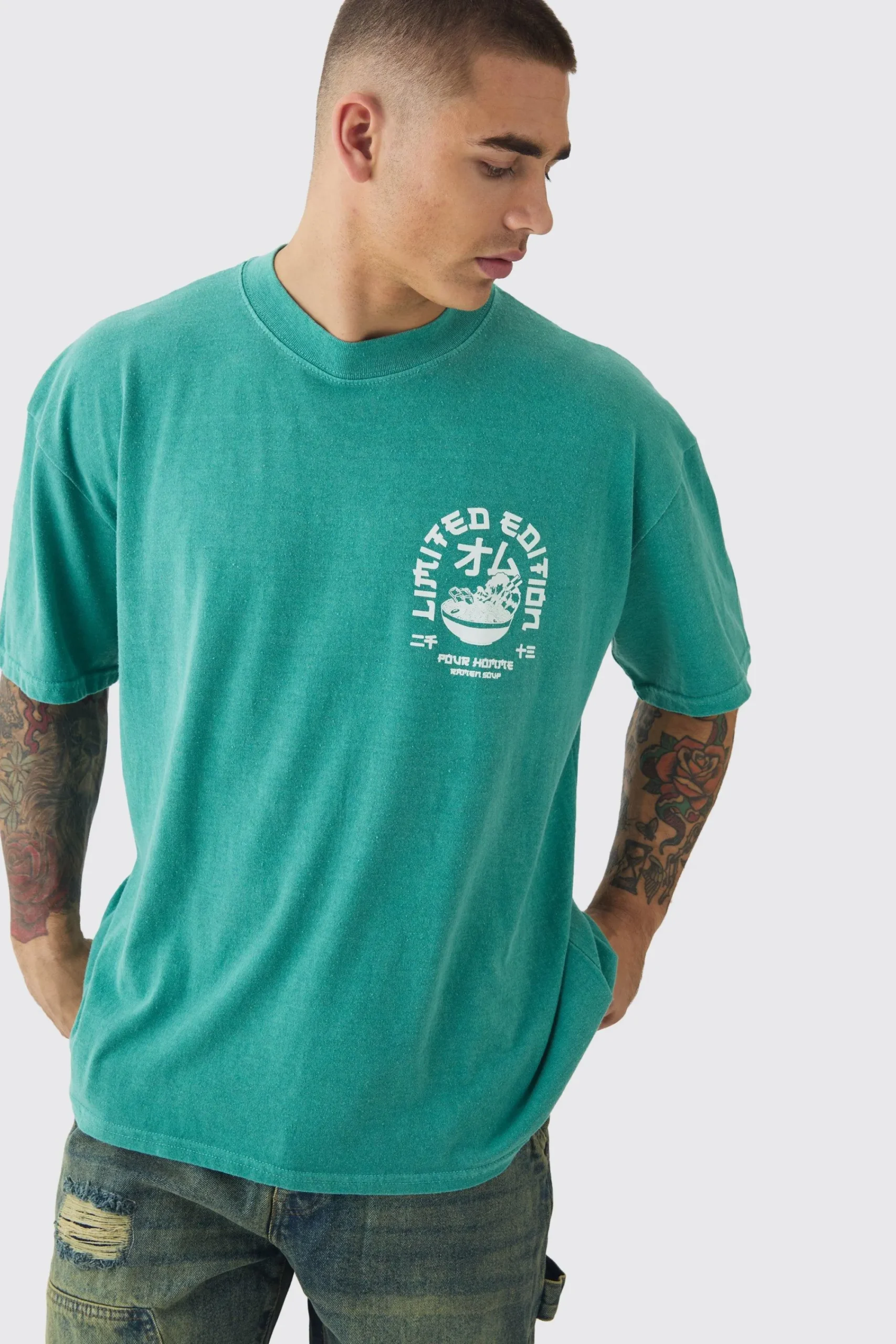 Oversized Extended Neck Ramen Print Wash T-shirt | UK^boohooMAN Sale