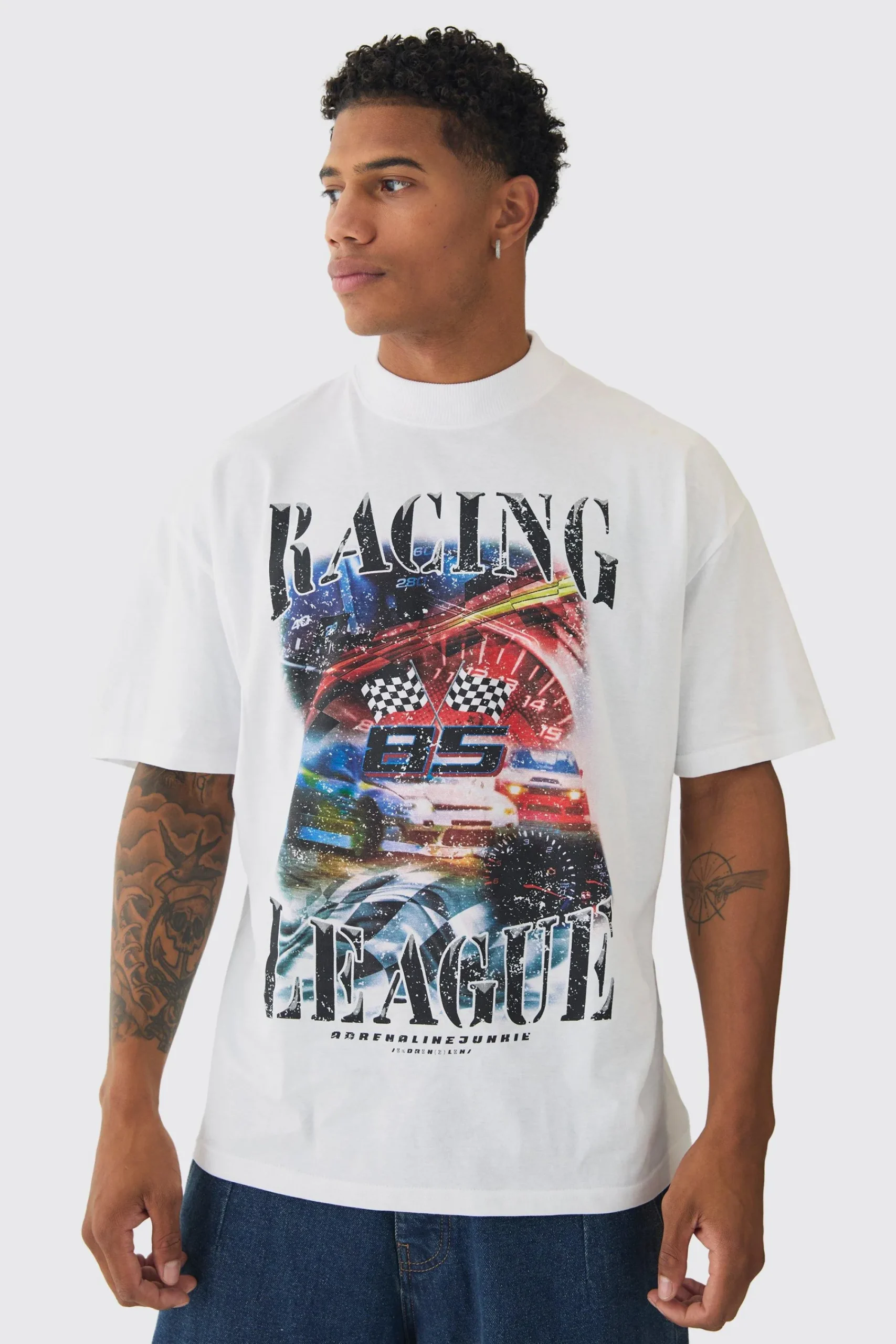 Oversized Extended Neck Racing Print T-Shirt | UK^boohooMAN New