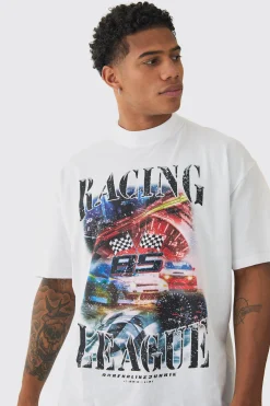 Oversized Extended Neck Racing Print T-Shirt | UK^boohooMAN New
