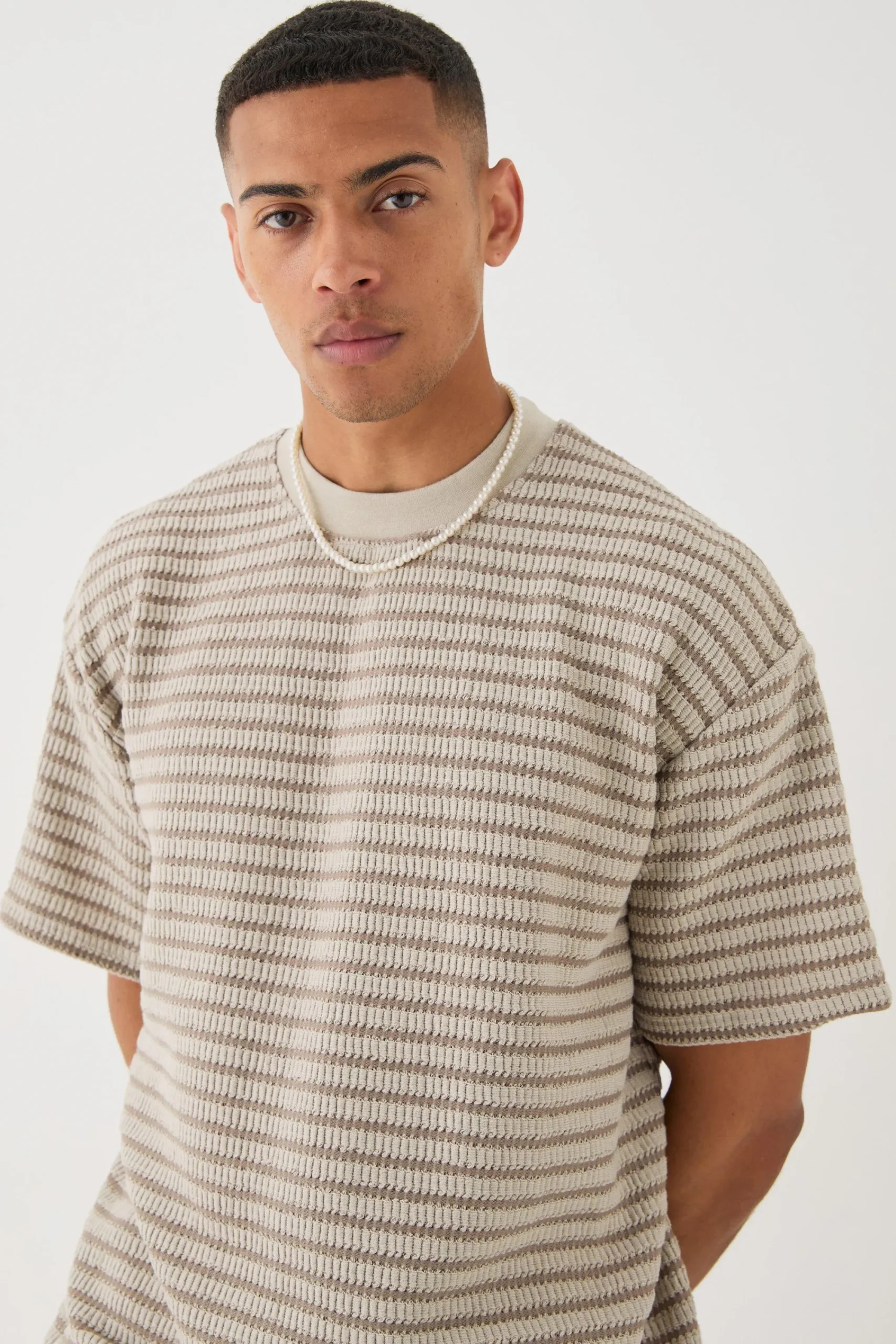 Oversized Extended Neck Striped Textured T-shirt | UK^boohooMAN Best