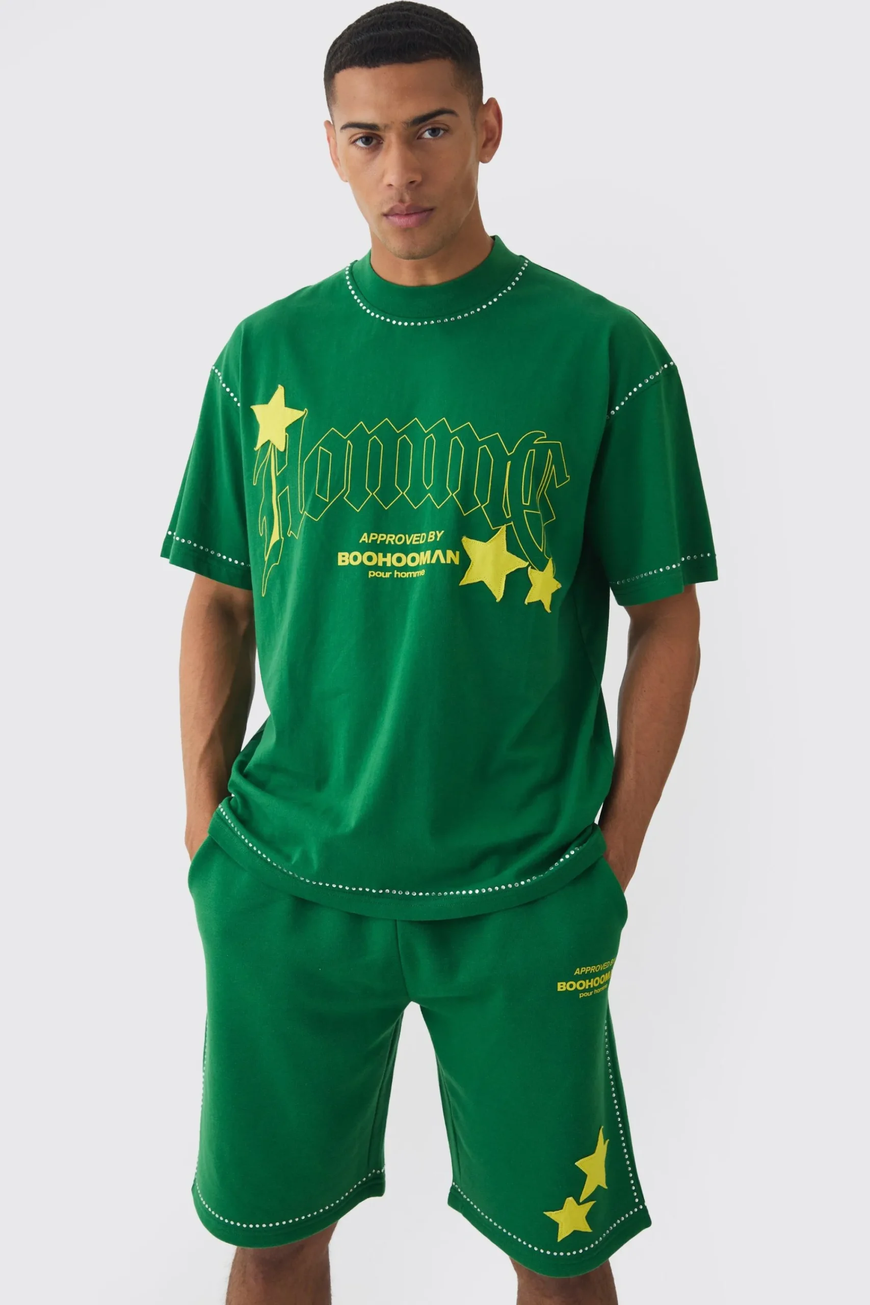 boohooMAN Oversized Extended Neck Star Rhinestone T-shirt & Short Set | UK| Sets & Co-Ords|Tracksuits