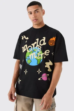 Oversized Extended Neck Space Graphic T-shirt | UK^boohooMAN Outlet