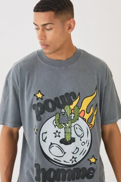 Oversized Extended Neck Space Puff Print T-shirt | UK^boohooMAN Discount