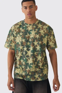 Oversized Extended Neck Star Camo T-shirt | UK^boohooMAN Clearance