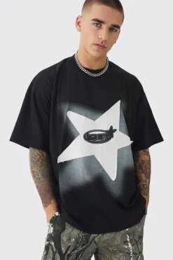 Oversized Extended Neck Star Applique Graphic T-shirt | UK^boohooMAN Outlet