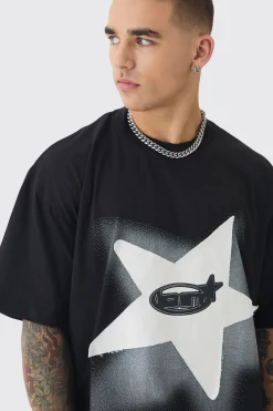 Oversized Extended Neck Star Applique Graphic T-shirt | UK^boohooMAN Outlet